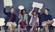 © Hinrichsen/peopleimages.com - Speech bubble, recruitment and laugh with business people in office for social media, interview faq and vote. Human resources review, funny feedback and mockup space with employees in agency