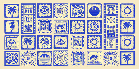 Naklejka na meble Collection of vintage style blue and white patterned rectangular tiles