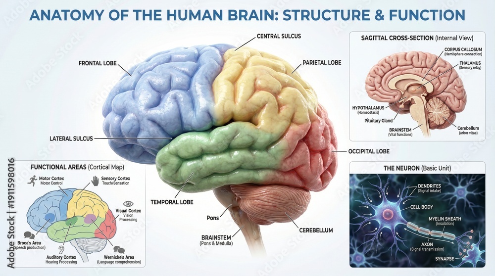 Detailed Diagram of Human Brain Anatomy Highlighting Structure and ...