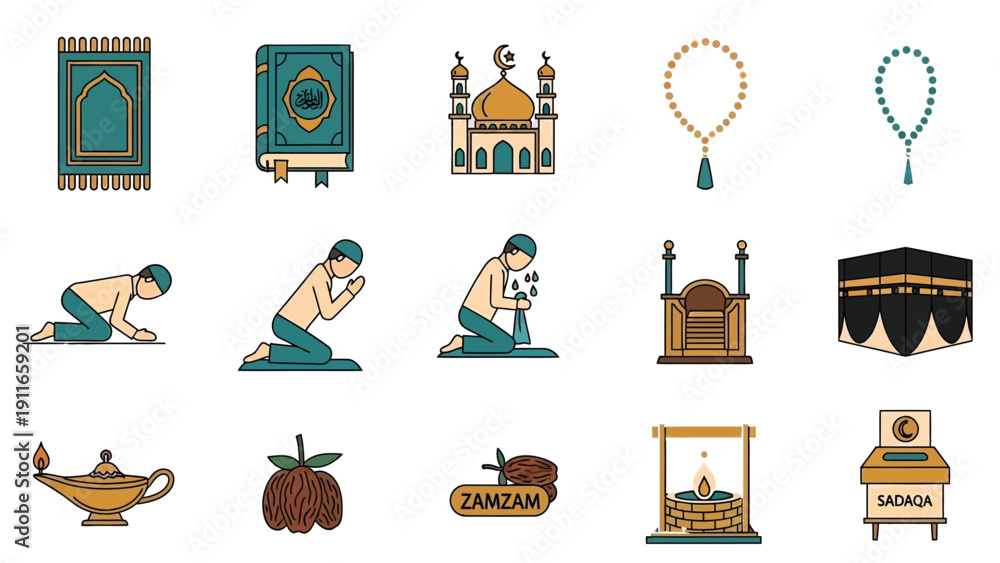 Islamic symbols and rituals collection with prayer and mosque elements ...