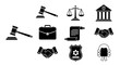 © elies - Black and white icons representing law and order, justice, and official documents in a grid layout from a straightforward viewpoint
