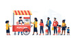 © Kuddus - Large group of diverse people including families and children standing in a long queue at a red popcorn stall to buy tasty snacks.