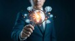 © CuteBee - A businessman in a suit holds a magnifying glass that illuminates a bright glowing lightbulb, surrounded by many floating question marks, representing the pursuit of creative solutions and answers.