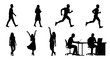 © Amena Akter - Collection of diverse black silhouettes depicting men and women in various activities like walking, running, dancing, and working, representing human actions and lifestyles