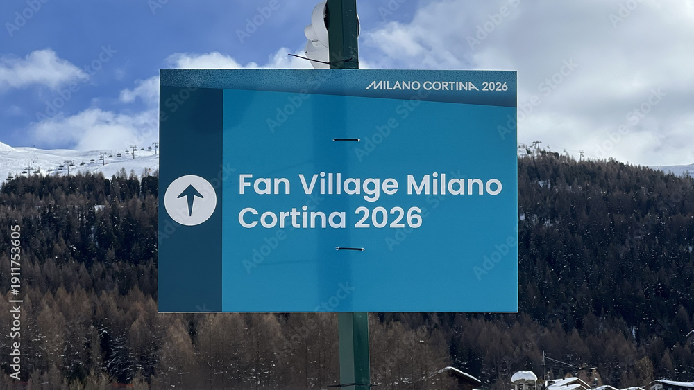 Milano Sign Livigno, Italy - February 12, 2026: Directional sign for the Fan ...