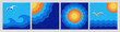 © Olga Tsikarishvili - Collection of retro summer ocean backgrounds with sun, waves and seagulls. Vintage grainy textured sea landscapes in warm and blue tones. Perfect for travel banners, social media, posters, web headers