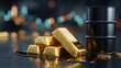 © Taiwo - Piles of gleaming gold bullion bars rest near a dark oil barrel symbolizing global commodity trading and financial markets stability