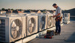 © Oleksandr - Technician inspects large air conditioning units on a commercial rooftop during the day, ensuring proper function and energy efficiency for the building