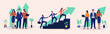 © Knut - Collection of business team people working together for success and growth with colleagues helping each other climb a career ladder and standing before rising arrows, flat design vector illustration