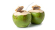 © ridho - Two fresh young coconuts with water drops, one opened and one with straw, isolated on white background, natural tropical drink concept.