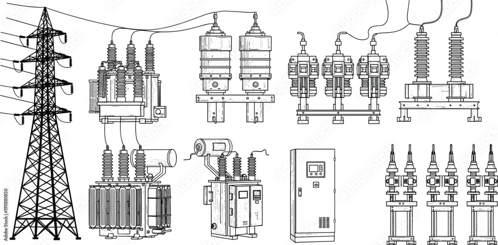 Power Drawings Technical CAD drawing flat vector illustration of high voltage ...