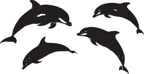  Four black dolphins in different poses on white background