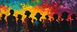 © Olga Ко - Panoramic Oil Painting of African American Crowd Silhouettes against Vibrant Pan-African Colorful Background, Unity and Black History Month Concept -  mes de la historia negra  fondo febrero