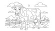 © Natalia - Black and white line art of a cow standing in a field with a farm house and hills in the background for children to color and learn.
