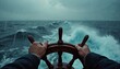© Viktor - Man grips ship wheel, navigating stormy seas with rough waves and heavy rain. Determined captain controls vessel through turbulent ocean waters. Facing danger, hard journey, leadership.