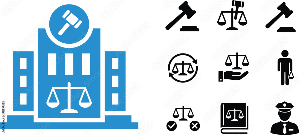Legal Justice Icon Set Vector Court Building With Gavel Scales Lawyer ...