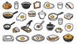 © Prap - Sketch-style breakfast icons including fried eggs, toast, coffee, and cooking tools in an outlined cartoon style