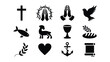 © Tuli - Collection of 12 black christian symbols and icons on white background including cross praying hands dove fish lamb wine cup bread heart anchor and book for design and religious purposes