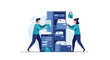 © MinixT - IT administrators, a man and a woman, working together to organize files and manage data in a modern server room.
