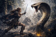 © horimono - Fearless warrior confronts colossal serpent amidst ancient ruins.