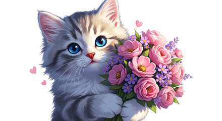  Cartoon kitten with bouquet on white backdrop
