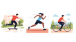© Era - Series of illustrations showing people engaged in outdoor activities like skateboarding, running on a track, and cycling in nature.