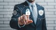 © Kazi - A businessman touches a virtual screen displaying an open padlock icon flanked by fingerprint and shield icons.
