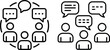 © Mdibrahim - Team building communication line icons with speech bubbles. Business group discussion, team collaboration, and social interaction vector symbols.