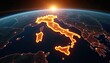 © Viktor - Digital map of Italy glows with city lights at night from orbit. Data network overlay shows glowing connections across the country. Sun rises over the Earth horizon.