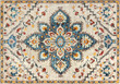 © TMR Studio - Close up of classic middle eastern Persian rug texture. Engraving and floral ornamental swirls pattern in random blue, beige, red, and white color. For moslem prayer mat and decorative rug. Middle Eas