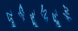 © vectorpouch - Thunder bolt effect with dynamic blue energy lines and electric sparks on dark background. Cartoon vector thunder strike with glowing neon flash and powerful storm discharge for game design.