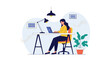 © Tithi - Focused young woman working on her laptop at a clean office desk equipped with a lamp and indoor plant for a career productivity concept.