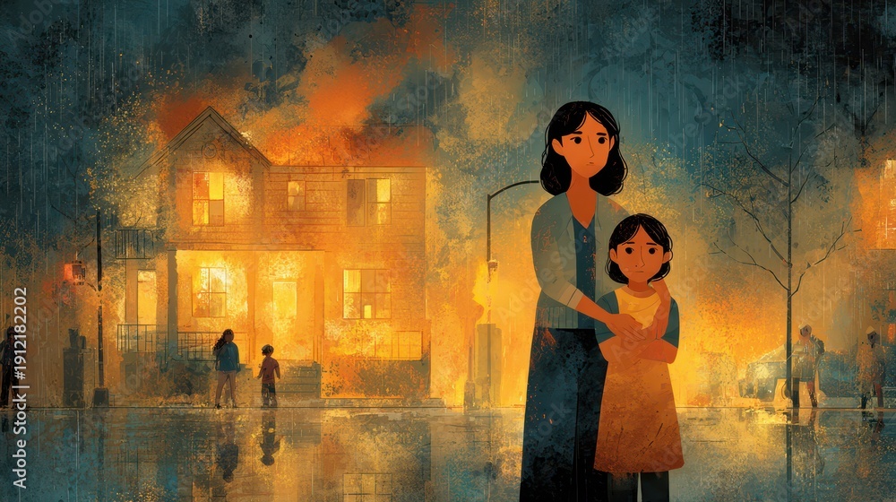 Mother and children outside a burning house, a scene of protection and ...