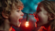 © ABF_MATEO - Two children face off, mouth open in yell of playful rivalry and fun drama