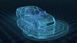© AAUB - Blue wireframe of a modern car with radar sensor waves on a digital grid background, autonomous driving and smart vehicle technology concept.