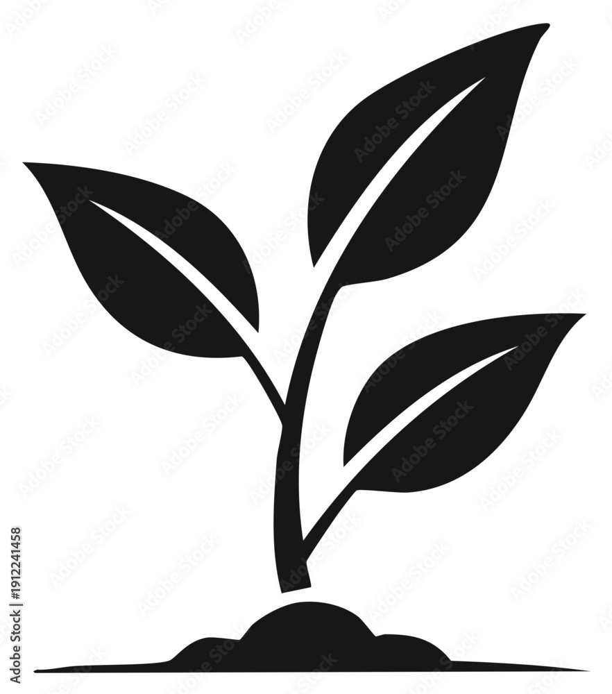 Stylized black plant sprout icon with three leaves emerging from soil a ...