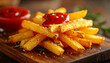 © hardvicore - Golden French fries stacked on wooden board, ketchup drizzled, rosemary sprinkled. Tasty food
