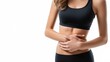 © BajimBa - Woman holding her abdomen, suggesting abdominal pain or discomfort. The woman's hands gently hold her stomach, creating a sense of empathy and concern
