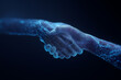 © Mariia - Digital 3D wireframe handshake made of blue glowing particles on a dark background. Concept of virtual partnership, artificial intelligence, cyber security, and global connectivity.