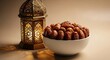 © ChaGha Studio - A luxury Ramadan concept image showing premium date fruits arranged neatly in a ceramic bowl with an elegant brass lantern glowing softly, warm golden lighting, refined Islamic festive mood