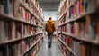 © Visual Studio - Student in Yellow Jacket Navigates Modern Library Aisle Amidst Quiet Contemplation and Diverse Book Collection for Academic Research and Literacy Growth