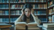 © pinkrabbit - student research sample exam by tablet, prepare for test and learning lessons in the library. stress, despair, haste, misunderstanding reading, discouraged, expectation, knowledge