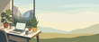 © HISAN - Panoramic Vector Illustration of a Cozy Remote Workspace with Laptop, Coffee, and Houseplants on a Desk by a Window Overlooking a Scenic Mountain Landscape and Forest View for Web Banner Design.