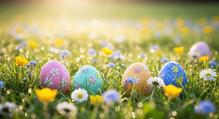  Pastel floral Easter eggs hidden in a sunny wildflower meadow during spring morning