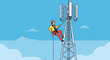 © herman - Telecom Engineer Climbs Cell Tower for Maintenance, Industry and Communication