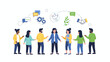© AntonAlfatih02 - Illustration of a diverse group of people standing in a line with their arms outstretched towards each other surrounded by floating business and technology icons on a white background with