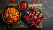 © Maski - Grilled pork ribs slathered in rich barbecue sauce, served with classic baked beans. A delicious flat lay of American comfort food on a dark rustic board