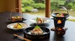 © AnilaStudio - 日本庭園を望む窓辺のテーブルに並べられた、刺身や煮物、揚げ物など彩り豊かな和食のコース料理が、黒い漆器や陶器の器に盛り付けられ、一部は固形燃料で温められている様子。