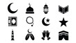 © Shovon - Ramadan silhouette icons set black symbols on white background crescent moon mosque lantern prayer beads star kaaba islamic holy book rosary hands praying minaret spirituality and faith