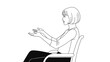 © Nishi - Simple line drawing of a woman with short hair sitting in a wheelchair with her hands open in a communicative gesture.